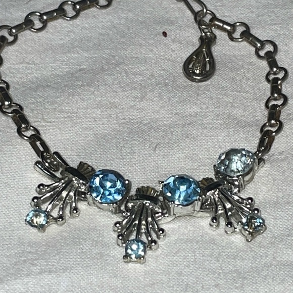 Vintage silver link chain drop ornate cut crystal blue rhinestone bib brac - Picture 1 of 3